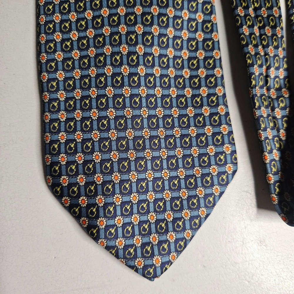 Mens Silk Tie Navy Blue Floral Daisy Equestrian Bit Geometric Hand Made in Italy